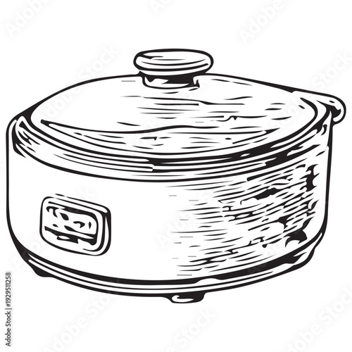 Vintage Rice Cooker Hand Drawn Engraving Illustration Kitchen Cooking Appliance