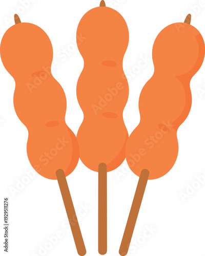 Three skewers of sweet and savory fish balls on a white background