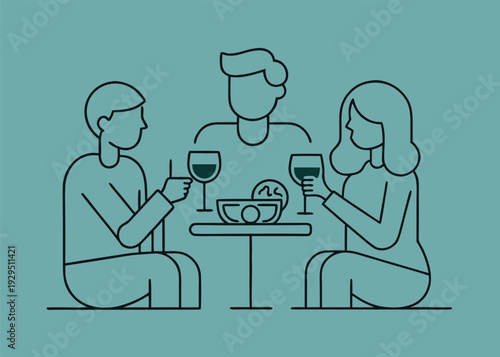 Three friends sitting at a table, drinking wine, and eating food in a cafe.