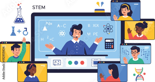 Illustration of a teacher presenting a remote STEM education lesson on a large computer screen surrounded by smaller video call windows with diverse students in a virtual classroom setting