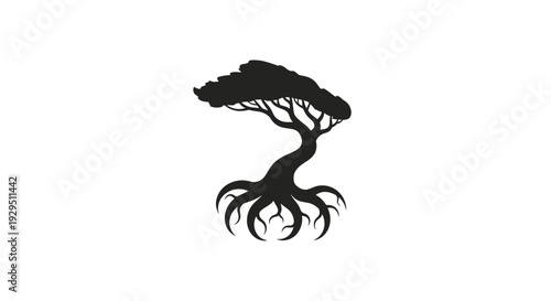 Black Silhouette of Tree with Roots.