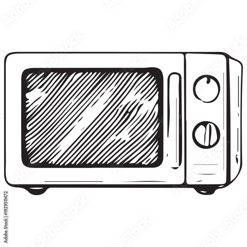 Vintage Microwave Oven Hand Drawn Engraving Illustration Kitchen Cooking Appliance