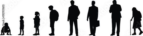 Black silhouettes of human aging process from childhood to old age, including toddler, student, businessman, and senior with walking cane, isolated.