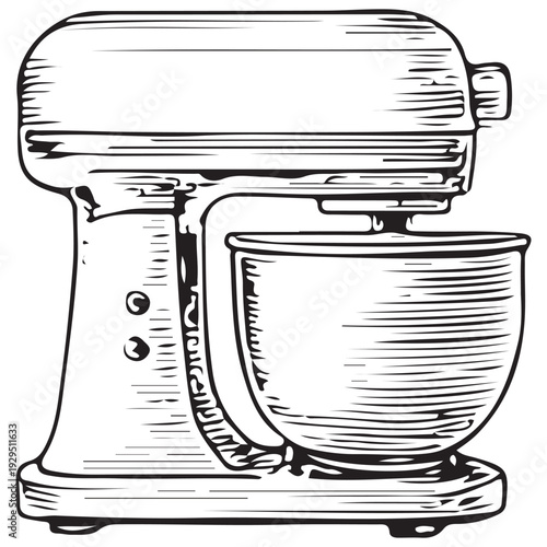 Vintage Stand Mixer Hand Drawn Engraving Illustration Kitchen Baking Appliance