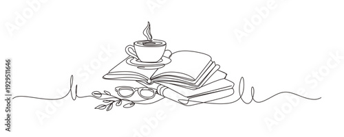 One continuous line drawing of Opened book. Education in school and library studying in simple linear style.Writing draft business in Editable stroke. Doodle vector illustration