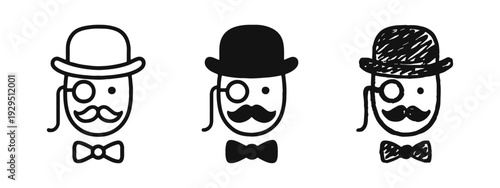 Victorian Gentleman Icon Set: Monocle, Bowler Hat, and Bow Tie in Outline, Silhouette, and Doodle Styles