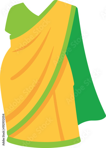 Elegant green and yellow saree illustration with intricate draping and traditional design