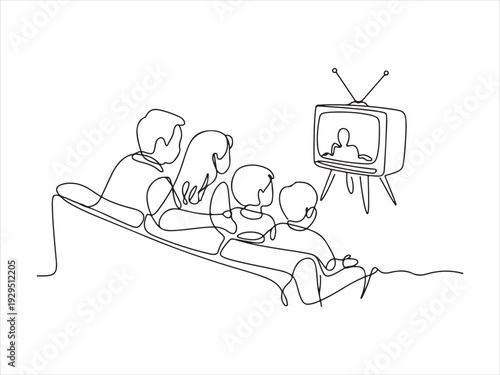 Continuous Line Drawing Family Watching Television Vector Illustration