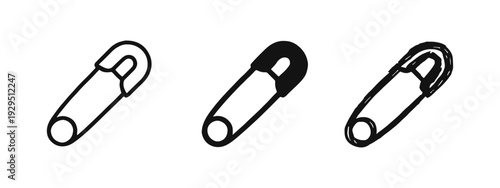 Safety Pin Icon Set with Hand Drawn, Solid, and Outline Styles on White Background