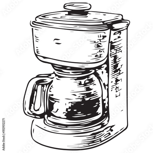 Vintage Coffee Maker Machine Hand Drawn Engraving Illustration Kitchen Brewing Appliance