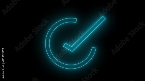  Animation of check mark icon background. Neon Tick mark icon seamless loop.Glowing neon line Tick mark or confirm icon animation.Minimal neon Check Mark icon on black background. 4k video