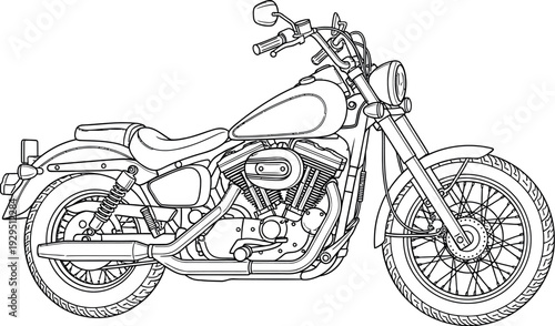 Detailed black and white line art drawing of a classic cruiser motorcycle
