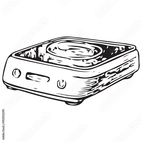 Vintage Electric Stove Cooktop Hand Drawn Engraving Illustration Kitchen Cooking Appliance