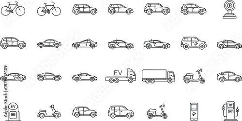 Collection of electric vehicle icons including cars bicycles scooters trucks and charging stations