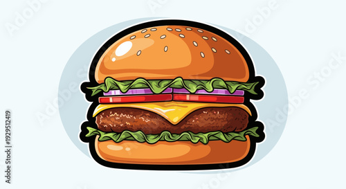 Colorful cartoon style illustration of a delicious hamburger, featuring fresh lettuce, ripe tomato, melted cheese, and red onion rings, isolated against a light blue background.
