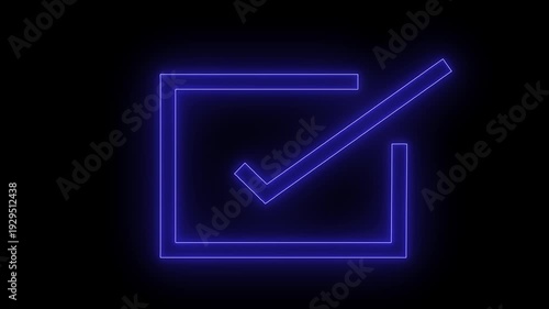 Glowing blue neon checkmark in a square box, .Glowing neon line Tick mark or confirm icon animation.Minimal neon Check Mark icon on black background. 4k video