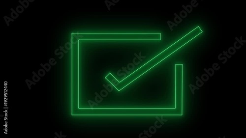 Glowing blue neon checkmark in a square box, .Glowing neon line Tick mark or confirm icon animation.Minimal neon Check Mark icon on black background. 4k video
