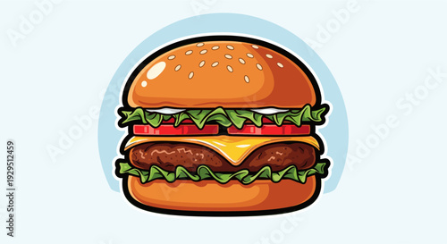 Vector illustration of a cartoon burger with cheese, tomato slices, and lettuce on a light blue background, great for menus, food blogs, and advertising.