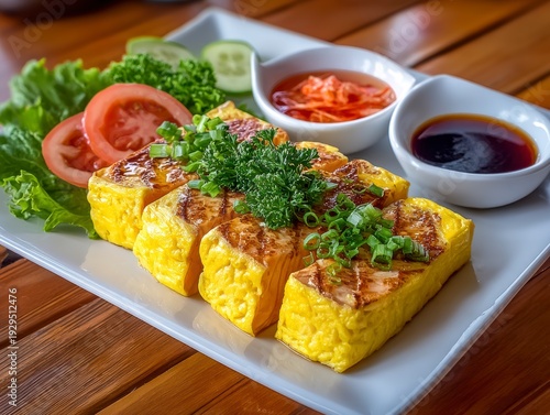 Golden Savory Egg Omelette Slices Garnished with Green Onions and Served with Dipping Sauces
