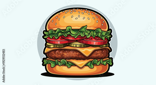 An illustration of a cartoon style double cheeseburger with fresh lettuce, ripe tomatoes, pickles, melting cheese, and sesame seed bun against a blue background.