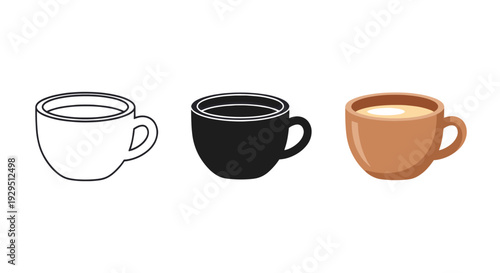 A vector image showing three coffee mugs: outline, silhouette, and color illustration. Good for illustrating coffee, tea, or breakfast.
