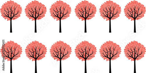 Pink Blossom Trees Collection with Black Trunks Isolated on White Background Flat Spring Nature Vector Illustration Set