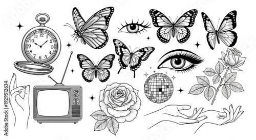 Mystical Collage of Vintage Items, Butterflies, Roses, Eyes, and Disco Ball