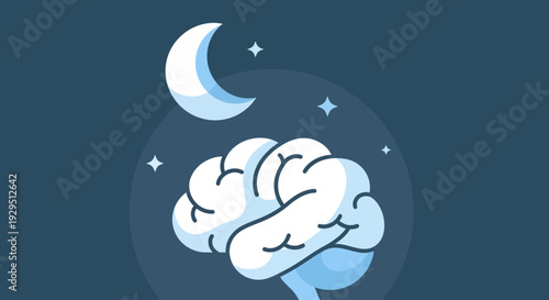 Human brain illustration surrounded by moon and stars in a dreamy night sky scene from a distant viewpoint