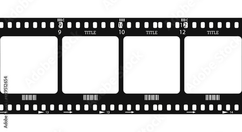 Retro film strip with four empty frames and frame numbers for cinematic or photographic projects