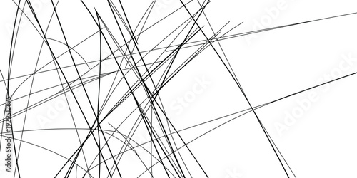 Abstract composition of intersecting black lines and curved shapes on a white background texture pattern