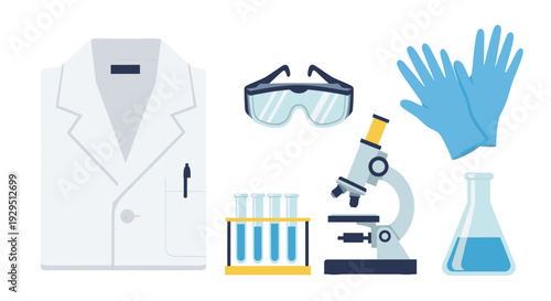 Flat lay illustration of laboratory equipment, including lab coat, safety glasses, microscope, test tubes, beaker, and gloves, all against a white background, conveying a science or medical theme.
