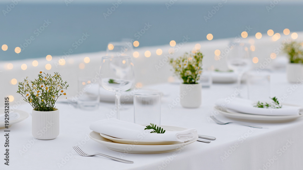 Fototapeta premium White outdoor table setting with string lights and candles — al fresco dining.