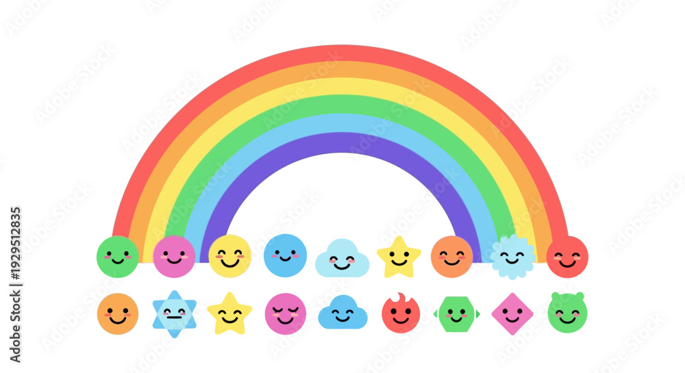 Obraz premium Vibrant rainbow illustration featuring diverse emoticons and symbols in a colorful arrangement viewed from a straightforward perspective