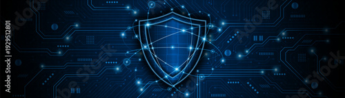 Abstract technology circuit board background with shield symbols concept of data protection and cyber privacy. modern security technology innovation concept background