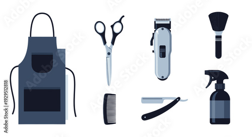 Illustration featuring essential barber tools: apron, scissors, clipper, brush, comb, razor, spray bottle arranged on white, ideal for depicting grooming, barber shops, or male self-care concepts.