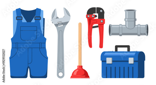 Plumbing tools including overalls, wrench, plunger, crimper, plastic pipe, and toolbox are displayed in a cartoon style on a white background.