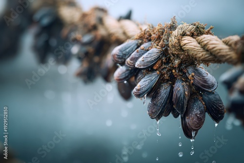 Mussel clusters attached to aquaculture rope lines