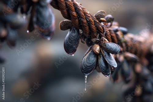 Macro texture of mussels on farm ropes