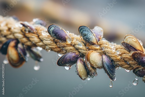 Shellfish clusters hanging from aquaculture lines