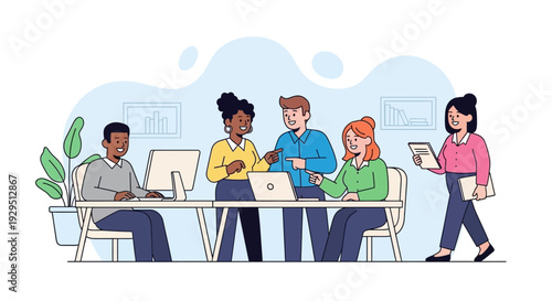 Diverse team collaborating around a table with laptops and papers in a modern office setting from a slightly elevated viewpoint