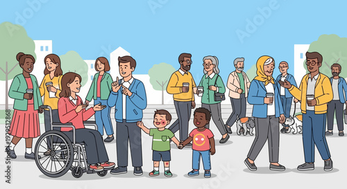 Diverse group of people with disabilities walking together in a public park scene from a frontal viewpoint