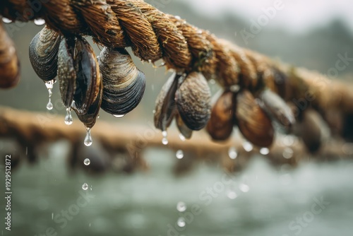 Detail of mussels on aquaculture rope lines