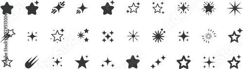 Large collection of black star icons and sparkle silhouettes including twinkling shapes, shining effects, magic glitters, glowing bursts, and night sky symbols on white.