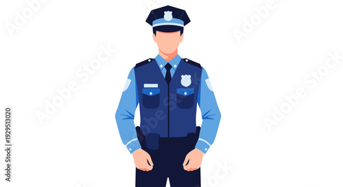 Full-length vector illustration of a policeman standing at attention in a blue uniform against a clean white background, perfect for illustrating law enforcement or security concepts.