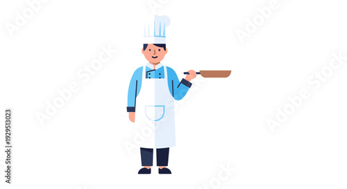 Flat vector cartoon illustration of a smiling chef in uniform and hat holding a frying pan against a clean white background. Suitable for cooking blogs or recipe websites.