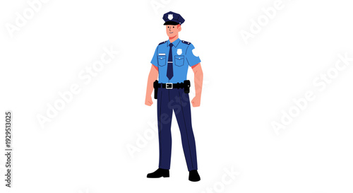 Full-body illustration of a young policeman standing confidently in his blue uniform against a stark white background. The image conveys authority and a sense of security.