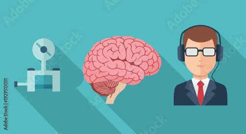 A man wearing headset is linked to a brain and camera, illustrating technology and cognition in a modern setting