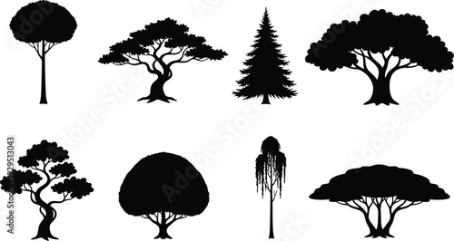 Collection of Eight Stylized Tree Silhouettes with Distinct Shapes, Branching Patterns, and Canopies Arranged in Two Rows