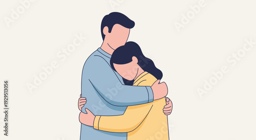 Couple embracing each other tightly in a warm and intimate illustration from a side viewpoint.