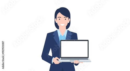 Professional businesswoman smiles while holding a laptop with a blank white screen, isolated on white. Perfect for business, technology, advertising concepts.